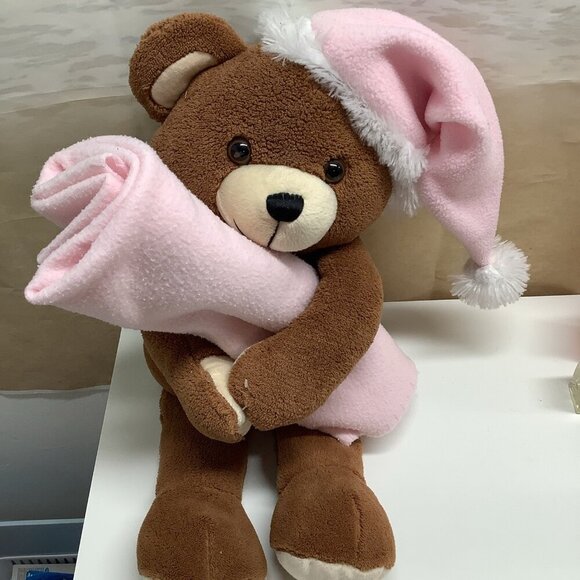 Vintage Teddy Bear With Sleep Hat & Blanket Rare Preloved - Picture 2 of 6